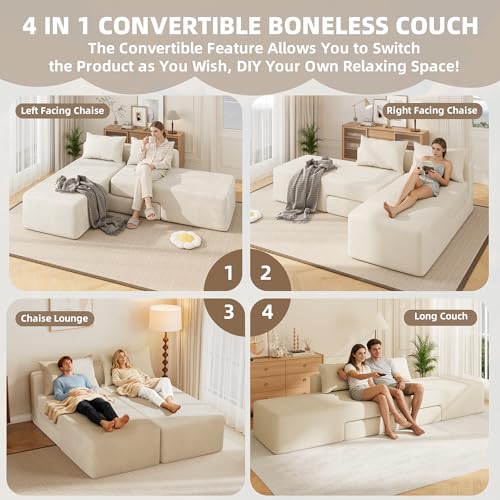 Boneless Sectional Couch, 4 in 1 Convertible Cloud Couch with Reversible Chaise & Deep Seat, Modular Sectional Sofa for Apartment, No Assembly Chenille Foam Couch in a Box, Beige - color: Beige, size: 89" Convertible Chaise Chenille