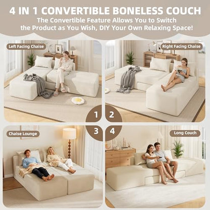 Boneless Sectional Couch, 4 in 1 Convertible Cloud Couch with Reversible Chaise & Deep Seat, Modular Sectional Sofa for Apartment, No Assembly Chenille Foam Couch in a Box, Beige - color: Beige, size: 89" Convertible Chaise Chenille