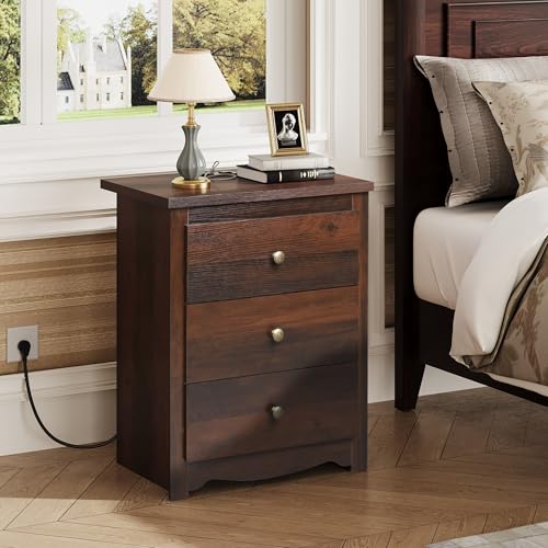 WLIVE Tall Nightstand with Charging Station, Wood Night Stand with 3 Drawers Storage, Bedside Table End Side Tables with 2 USB Ports and Outlets for Bedroom, Closet, Espresso | 3 Drawers Storage, Power Outlets(2AC+2USB), Easy Assembly, Premium Eco-friendl