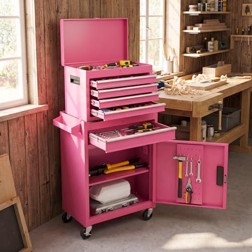 Goplus Pink Tool Chest, 5 Drawers Rolling Tool Cabinet w/Detachable Top Toolbox, Universal Lockable Wheels,Lock Bar,Protective Liner,Tool Rack, Metal Tool Storage Cart, Tool Box for Garage Workshop - color: Pink, style: 5-Drawers