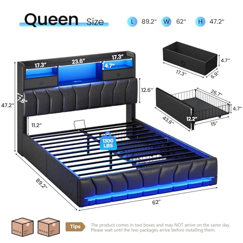 DICTAC Queen Bed Frames with Storage Headboard and 2 Large Drawers, Gaming Bed with RGB Lights and Charging Station, Leather Upholstered Platform Bed, Esports-Style Bed, No Box Spring Needed, Black - color: Black, size: Queen (U.S. Standard)