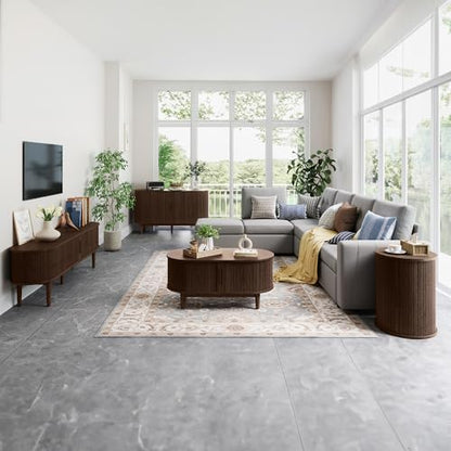 LINSY HOME 원형 플루티드 엔드 테이블, 슬라이딩 탬부르 도어 및 보관 선반이 있는 톨 사이드 테이블, 모던 침대 옆 테이블, 거실, 침실용 중세 나이트 스탠드, 다크 월넛 | 슬라이딩 땅부르 도어, 오픈 보관 선반, 미드 센추리 모던 스타일, 보헤미안 우드 디자인, 컴팩트 나이트 스탠드, 거실/침실. - color: 다크 월넛.