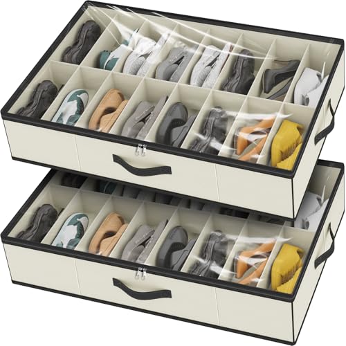 32 Pairs Shoe Organizer Under Bed, Sturdy Underbed Shoe Storage Boxes Bins, Organizador De Zapatos, Extra Large Zapateras Organizer, Beige, Set of 2 - color: 2 Shoes (16+16 Cells) Oxford Beige, style: 32 Pairs Shoes