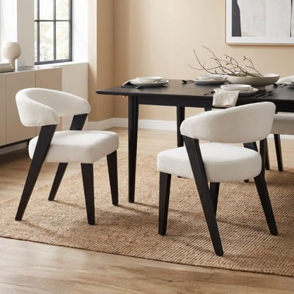 Mid Century Modern Dining Chairs with Arms Set of 2, Upholstered Kitchen & Dining Room Chairs, Barrel Backs/Black Solid Wood Legs, Comfortable Accent Chairs for Living Room, Chenille White - color: White