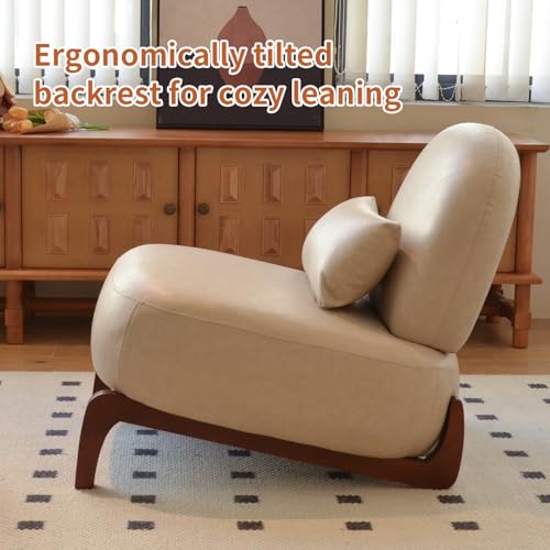 Cream Faux Leather Slippers Chair with Solid Wooden Legs | Low Armless Accent Chair with Soft Cushion, Comfy Upholstered Side Chairs for Living Room, Bedroom, Balcony or Reading Room - color: Cream