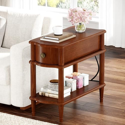 Nightstand with Charging Station & Drawer, Pre-Assembled Vintage Side Table with Shelf, Rustic Wood Finish Narrow End Table with Turned Legs for Bedroom Living Room, Caramel Walnut Brown, 1Pc