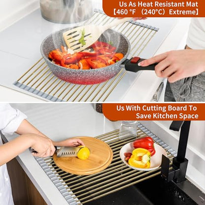 Golden Expandable Roll-UP Dish Drying Rack-Large 304 Stainless Steel Dish Drainer Over The Sink for Kitchen Countertop,Extendable & Rollable & Food Grade (Gold,22.08'x 13.2') - color: Gold, size: Large Expandable