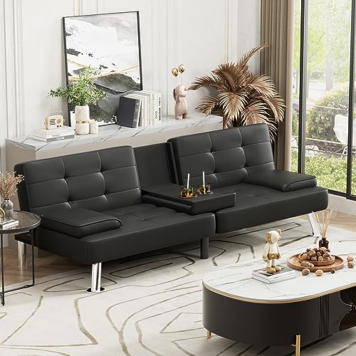 JUMMICO Faux Leather Futon Sofa Bed, Sleeper Sofa with Adjustable Backrest | Futon Couch with Removable Armrests & 2 Cup Holders, Loveseat Futon Set for Living Room, Apartment and Office | Black