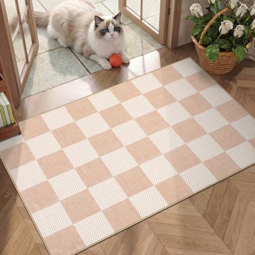 GarveeHome Checkered Blush Beige 2x3 Washable Rug Low-Pile Small Door Mat | Blush Beige Soft Stain Resistant Rug for Entryway Bedroom Bathroom Kitchen Non-Slip Geometric Modern Rug TPE Backing - color: Blush Beige, size: 2' x 3' (Rectangular)