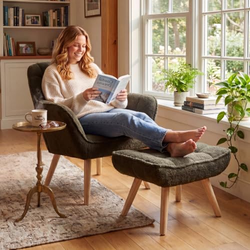 Green Sherpa Accent Chair with Ottoman ，Modern Reading Chairs with Ottoman Set, Comfy Fuzzy Armchair Living Room Chair Lounge Chair with Wood Legs for Small Spaces Bedroom Apartment - color: Green, size: Chair with Ottoman
