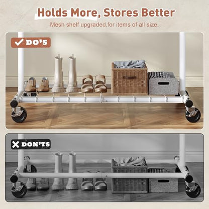 Raybee Clothes Rack, Metal Rolling Garment Rack with Extendable Rod | Storage Mesh Shelf, Lockable Wheels, Tool-Free Assembly, Collapsible Frame, for Bedroom, Laundry, Closet, Commercial, White - color: White, style: Single Rod