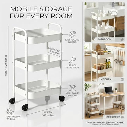 3-Tier Metal Rolling Cart with Smooth Casters, Lightweight Storage Utility Cart Mobile Organizer Rack, Multi-Purpose Basket Shelf for Kitchen, Bathroom, Closet, Pantry-White - color: White