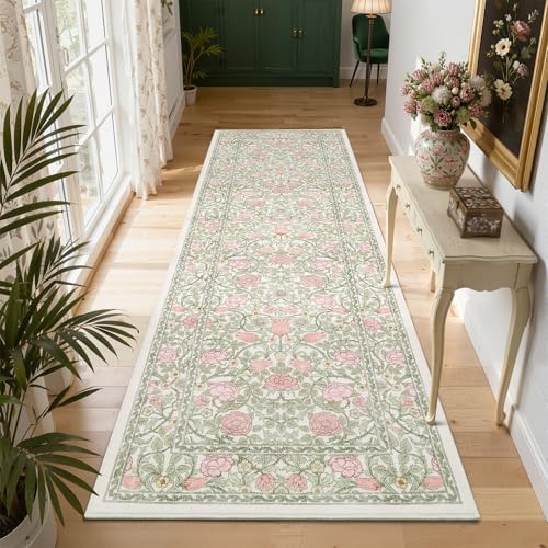 GarveeHome Pink Green Beige Floral 2x6 Kitchen Runner Rug for Hallways | Washable Entryway Bedroom Bathroom Girls Dorm Rug Vintage Boho Rugs Low-Pile Non-Slip Stain Resistant TPE Backing - color: A Beige / Pink, size: 2' x 6' (Runner)