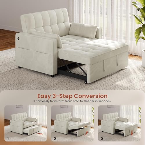 Yaheetech 3 in 1 Sofa Bed Convertible Sleeper Sofa with USB Ports, Beige | Velvet Pull Out Couch Folding Loveseat Sleeper, Armrest Pillows, USB Ports, Side Pockets for Living Room Bedroom Apartment - color: Beige