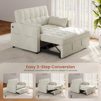 Yaheetech 3 in 1 Sofa Bed Convertible Sleeper Sofa with USB Ports, Beige | Velvet Pull Out Couch Folding Loveseat Sleeper, Armrest Pillows, USB Ports, Side Pockets for Living Room Bedroom Apartment - color: Beige
