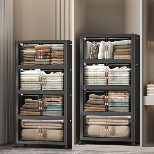 Stackable Storage Bins, 896QT Collapsible Drawers with 2 Lids | Large Capacity, Magnetic Door, Stack Lock, Rolling Wheels, Foldable Design, Organizers and Storage for Bedroom Dorm Garage - color: Dark-112QT, size: 8Pack with 2 top lids