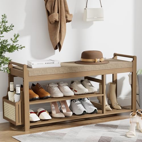 Homaxy 2-Tier Shoe Rack Bench, 39.4 in, Walnut and Light Brown | Bamboo Entryway Bench, with Side Holder, Shoe Rack Organizer with Cushion for Front Entrance, Hallway Living Room Bedroom - color: Walnut and Light Brown, size: 39.4 in