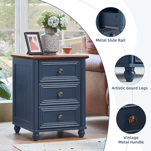RWYHG 18" Night Stand with 3 Drawers, Farmhouse Modern Nightstand | Blue Farmhouse Modern Bedside Table, Open Storage Shelf, Solid Wood Legs, Bed Side End Tables for Bedroom Living Room - color: Navy Blue, style: 3 Drawers