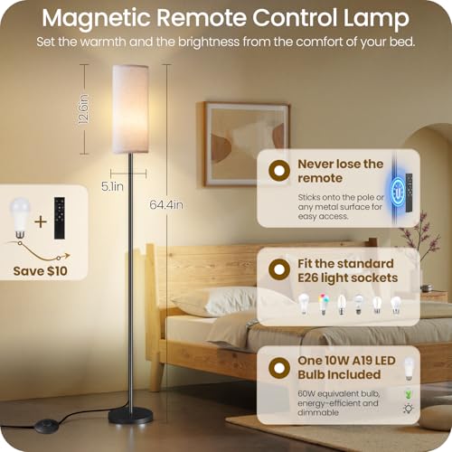 Dimmable Floor Lamp for Living Room with Remote and Foot Switch, Corner Floor Lamp, 64.4" Standing Tall Lamp, 10W 900LM LED Bulb Included, 3000K-6500K, Linen Shade, Weighted, FCC Listed W06LD05W1 - color: White