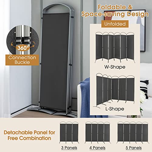 Giantex 1.8m(6.2피트) 접이식 6패널 룸 디바이더 그레이 - 330.2cm(130인치) 너비의 독립형 접이식 패브릭 프라이버시 스크린, 경량 휴대용 파티션 벽 칸막이 및 분리기, 홈 오피스, 아파트, 스튜디오용 - color: 회색., size: 6-Panel