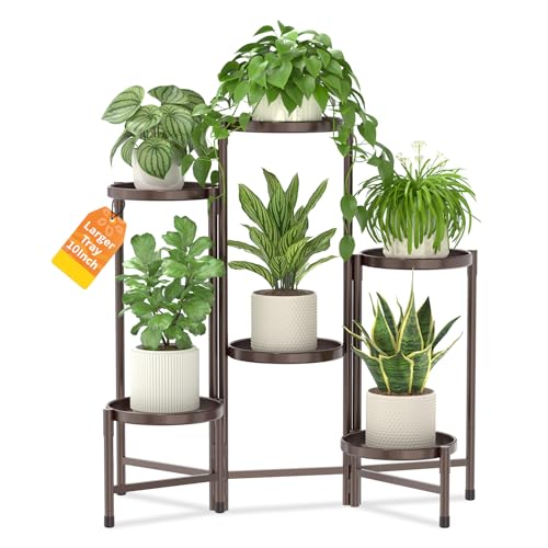 LASZOLA Plant Stand Indoor with 10 Inch Large Metal Tray, 6 Tier Bronze | Corner Tall Folding Flower Display Rack, Modern Plant Holder Shelf, for Outdoor Patio Porch Garden Living Room - color: Standard Bronze, size: 6 Tier