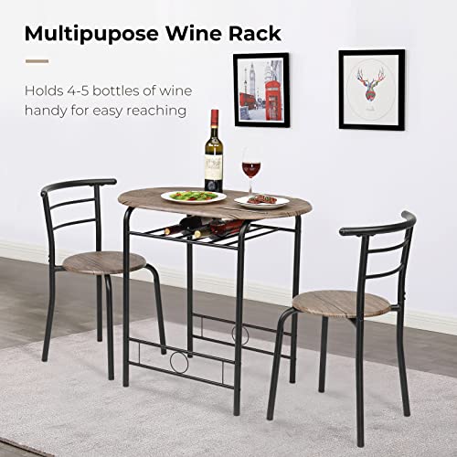 VINGLI 3 Piece Dining Set,Small Kitchen Table Set for 2,Breakfast Table Set for 2,Kitchen Wooden Table and 2 Chairs for Small Space/Dining Room/Apartment,Metal Frame,Wine Rack,Rustic - color: Rustic
