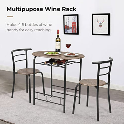 VINGLI 3 Piece Dining Set,Small Kitchen Table Set for 2,Breakfast Table Set for 2,Kitchen Wooden Table and 2 Chairs for Small Space/Dining Room/Apartment,Metal Frame,Wine Rack,Rustic - color: Rustic
