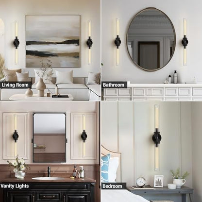 Brass Wall Sconces, 30in Black 2-Light Double Glass Sconces Wall Lighting, Bathroom Knurled Vanity Light Sconces, Wall Lights for Living Room Bedroom（Including Bulb） - color: Black- 30 inch-2 Pack, size: 2 Pack