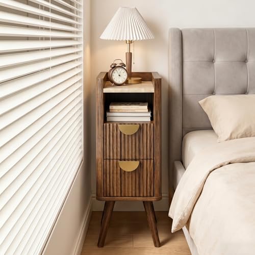 Narrow Nightstand with 2 Drawers, Wooden Bedside Table with Open Storage Space, Easy Install Slim Night Stand for Apartments, Narrow Bedroom Corners, Living Room End Table