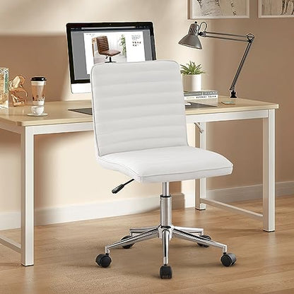 Furnimart Armless Swivel Rolling Desk Chair, Adjustable Faux Leather Vanity Chair with Gold Legs, Cute Task Chair with Wheels for Living Room Bedroom Studying Small Places (PU White) - color: Pu-white