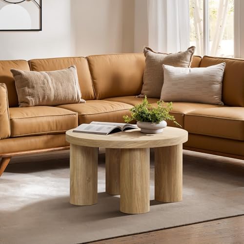 LuxenHome 27.5" Small Round Coffee Table with 4 Pillar Legs | Accent Center Table with 4 Sturdy Pillar Legs, Modern Farmhouse Style, Low-Profile Design - color: Dark Oak-l