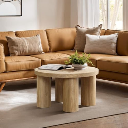 LuxenHome 27.5" Small Round Coffee Table with 4 Pillar Legs | Accent Center Table with 4 Sturdy Pillar Legs, Modern Farmhouse Style, Low-Profile Design - color: Dark Oak-l