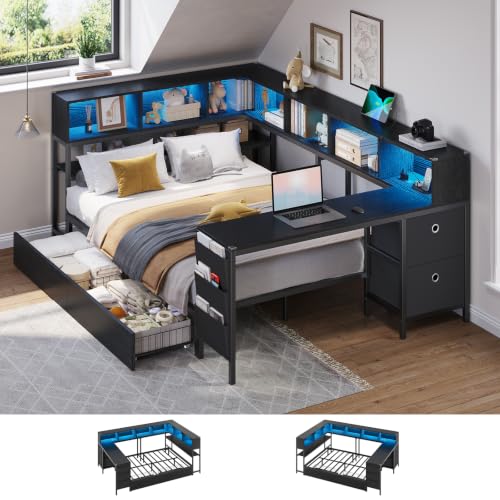 DICTAC Corner Full Bed Frame with Desk, Charging Station and Bookcase Storage, Full Size Platform Bed Frame with Storage Drawers, Led Lights and Shelves, Modern Daybed for Kids, Teens and Adult, Black - color: Black, size: Full