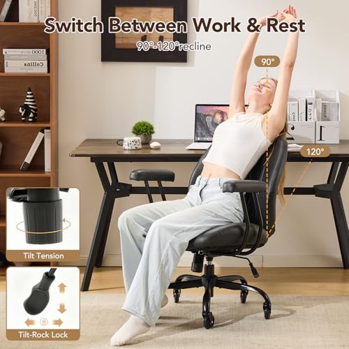 YFO Home Office Desk Chair Office Rubber Casters Ergonomic Computer Chair with Lumbar Support Adjustable Height Rolling Swivel Executive Task Armrests Chair， Black PU - color: Black, size: Mid Back