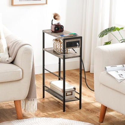HOOBRO Small Narrow Side Table with Charging Station, Skinny End Table for Small Spaces, Slim Nightstand with USB Ports Outlet, Sofa Beside Table with Storage Shelf, Greige and Black BG102UBZ01 - color: Greige + Black