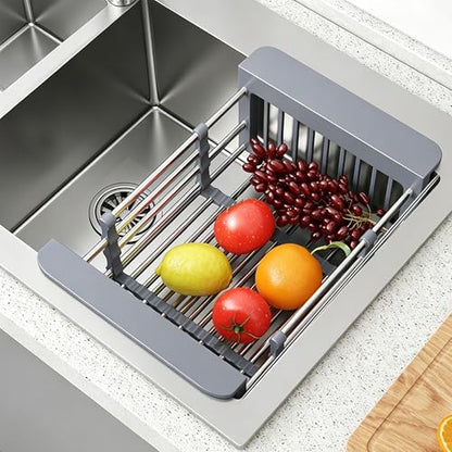 Extend Kitchen Sink Drain Basket, Adjustable Length 11.42-18.7in, Stainless Steel Dish Drying Rack for Kitchen, Retractable Over The Sink Drainer for Dishes, Fruits, Vegetables (Gray) - color: Gray