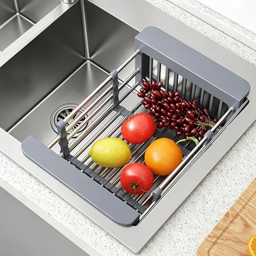 Extend Kitchen Sink Drain Basket, Adjustable Length 11.42-18.7in, Stainless Steel Dish Drying Rack for Kitchen, Retractable Over The Sink Drainer for Dishes, Fruits, Vegetables (Gray) - color: Gray