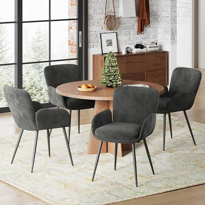 VKNOW Modern Upholstered Dining Chairs Set of 4 with Armrest, Dark Grey | Armed Dining Room Chairs with Metal Legs, Kitchen Chairs for Restaurant Kitchen Living Room - color: Dark Grey, size: Set of 4