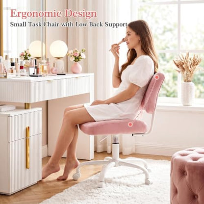 Homkdom Velvet Vanity Chair with Bow Backrest & Height Adjustable,Bedroom | Armless,360 Swivel,Silent Casters for Dressing Room & Living Room, Home Office,Make up,Reading,Light Pink - color: Light Pink