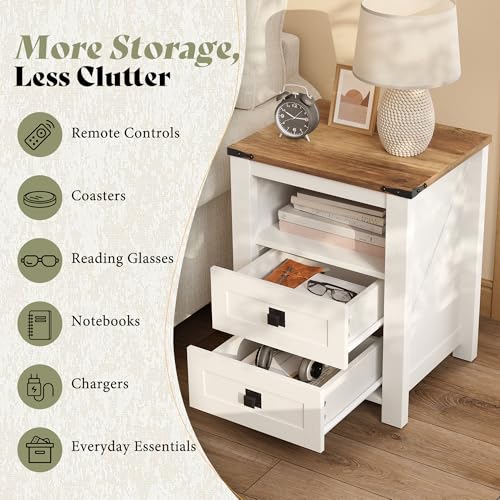 AMERLIFE Farmhouse Wood Nightstand Set of 2, End Table with Drawers, White | Narrow/Small 18" Bedside Table with Open Shelf, Wooden Night Stand for Bedroom/Home Office, Rustic White + Honey Brown - color: Rustic White + Honey Brown
