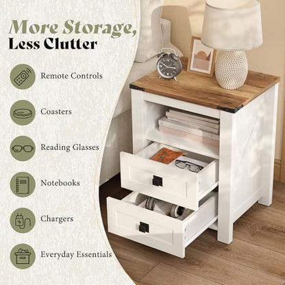AMERLIFE Farmhouse Wood Nightstand Set of 2, End Table with Drawers, White | Narrow/Small 18" Bedside Table with Open Shelf, Wooden Night Stand for Bedroom/Home Office, Rustic White + Honey Brown - color: Rustic White + Honey Brown