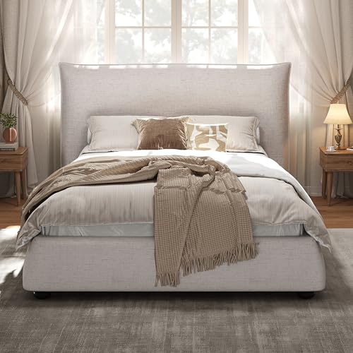 DNYN Upholstered Platform Bed Frame with Thick Pillow-Back Headboard | Linen Fabric Bed| Low-profile Design| No Box Spring Needed| Wooden Slats Support| Easy Assemble| Twin Size - size: Twin
