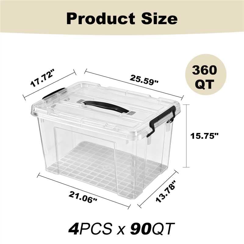 4 Pack 90 QT Plastic Storage Bins with Lids | Clear Stackable Bins with Secure Latches and Handles Heavy-Duty Storage Containers For Home Office and Garage Organization - size: 90 Qt