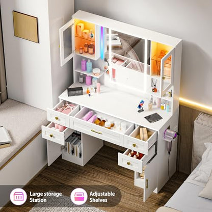 Vanity Desk with Mirror and LED Lights & Power Outlet | Large Makeup Vanity Table with 5 Drawers and 4 Storage Cabinets, White Dressing Table for Bedroom - size: 049 Soft White