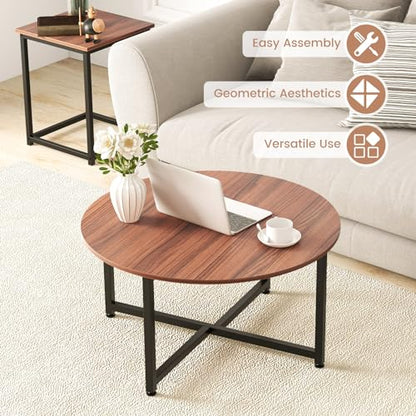 COSTWAY Coffee Table Set of 3, Round Wood Grain Coffee Table and 2 Square End Side Tables with Metal Frame, Modern 3-Piece Living Room Tables Set for Small Space, Apartment (Walnut & Black) - color: Walnut & Black