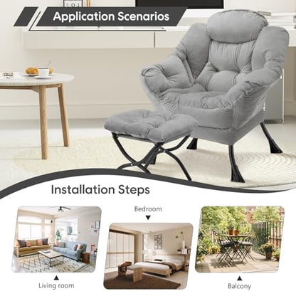 Lazy Chair with Folding Ottoman Modern Large Accent Chair,Contemporary Lounge Leisure Sofa Chair with Armrests Upholstered Sofa Armchair Reading Chair for Bedroom,Dorm&Office (Light Grey-f) - color: Light Grey