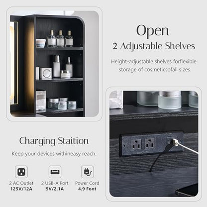 Aitjunz Vanity Desk with Mirror and Lights, 50” Modren Makeup Vanity with 35.43" Mirror and 5 Drawers, Makeup Table with Charging Station for Women and Girls, Bedroom (Black) - color: Black