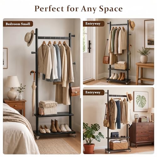 Coat Rack Freestanding Solid Wood Clothes Rack with Wheels | Space Saving, Stable 5 Hooks 2 Shelves Coat Tree, Silent 360 Degree Wheels, Heavy Duty 150 lb Capacity for Entryway Bedroom - color: Black, size: L: 23.6" x W: 11.8" x H: 70.9" (With Wheels)