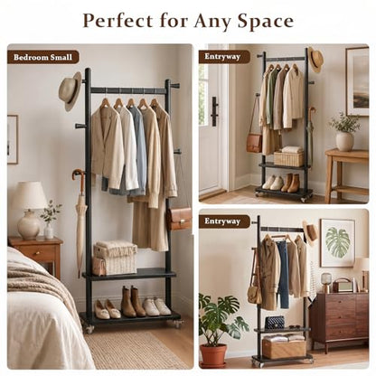 Coat Rack Freestanding Solid Wood Clothes Rack with Wheels | Space Saving, Stable 5 Hooks 2 Shelves Coat Tree, Silent 360 Degree Wheels, Heavy Duty 150 lb Capacity for Entryway Bedroom - color: Black, size: L: 23.6" x W: 11.8" x H: 70.9" (With Wheels)
