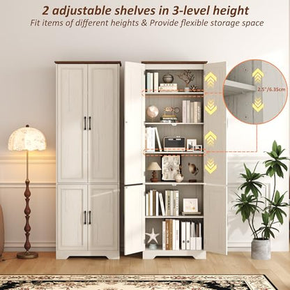 Function Home 182.9cm(72인치) 주방 식료품 저장실 캐비닛, 문과 조절 가능한 선반이 있는 톨 우드 팜하우스 보관 캐비닛, 주방 다이닝 거실 욕실용 6단 독립형 찬장, 앤티크 화이트 - color: 앤티크 화이트, size: 24"Wx11.81"Dx72"H